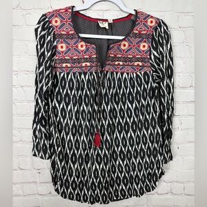 One September Anthropologie multi pattern embroidered 3/4 sleeve blouse top sz S